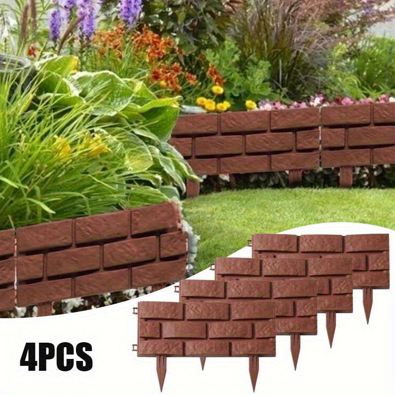 4 Polypropylene Garden Fence Edge, Splicing Brick Effect Lawn Border, DIY Plant Bed Partition, Ornamental Flower Bed Garden Bricks-Brown